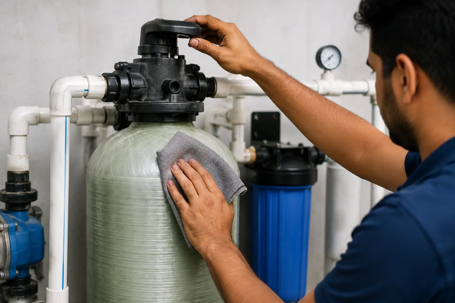 Iron removal system maintenance and filter tank servicing