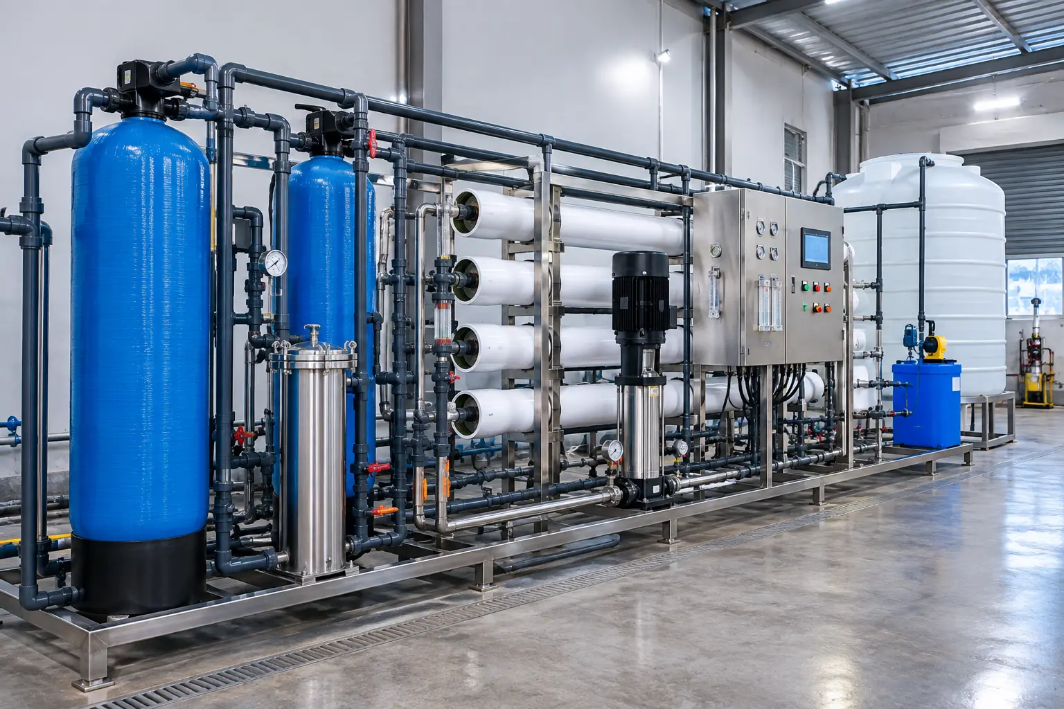 Industrial RO plant setup with pretreatment filters, membrane housings, pumps and control panel