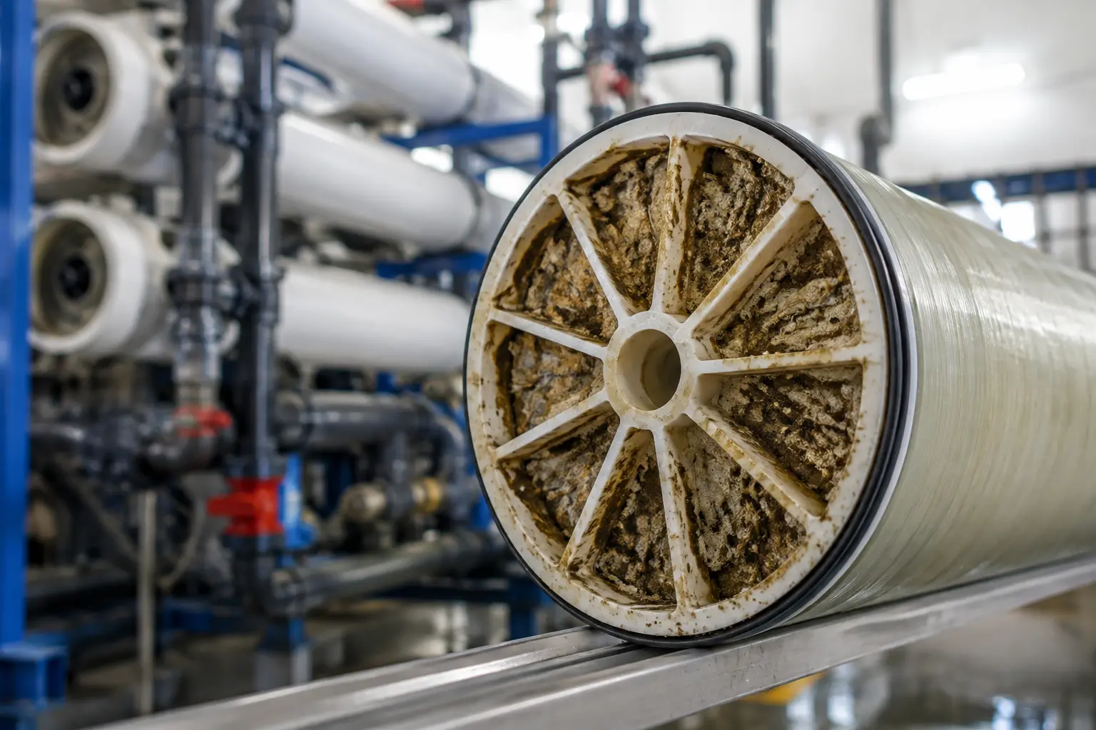 Fouled RO membrane with mineral scaling and deposits in an industrial water treatment plant