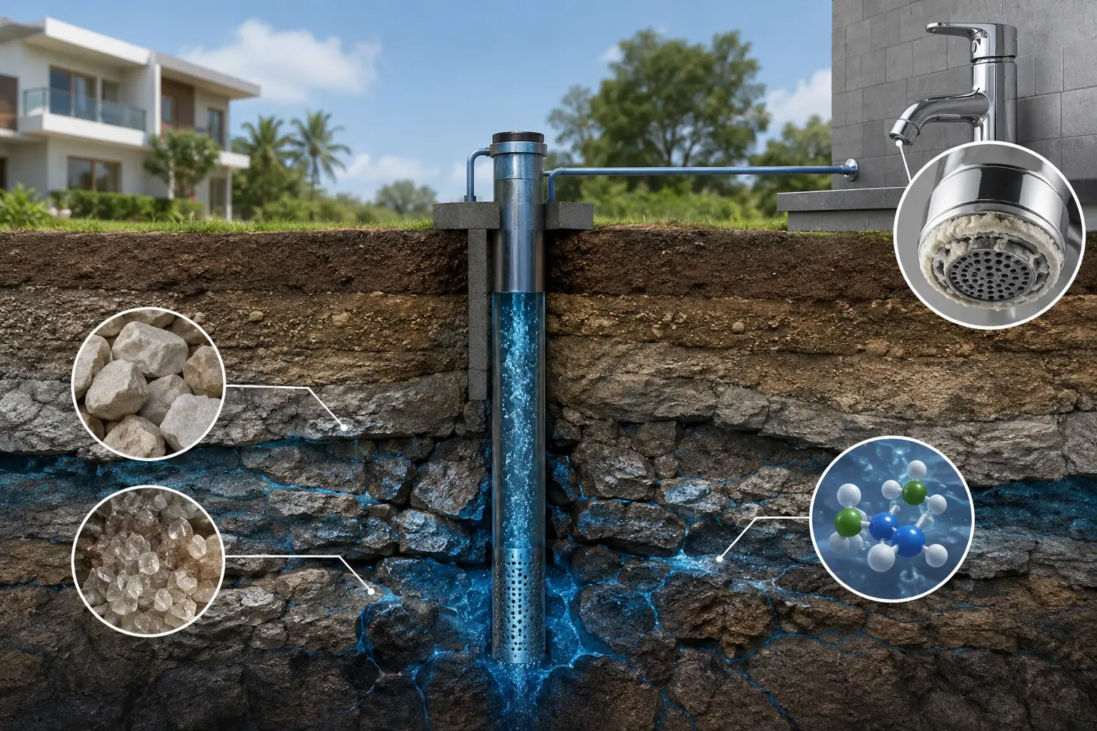 Chennai borewell hard water caused by calcium and magnesium minerals in groundwater