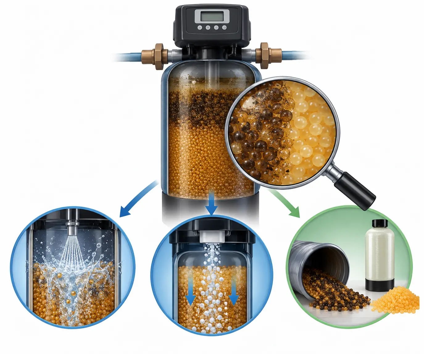 Water softener resin cleaning, regeneration and replacement