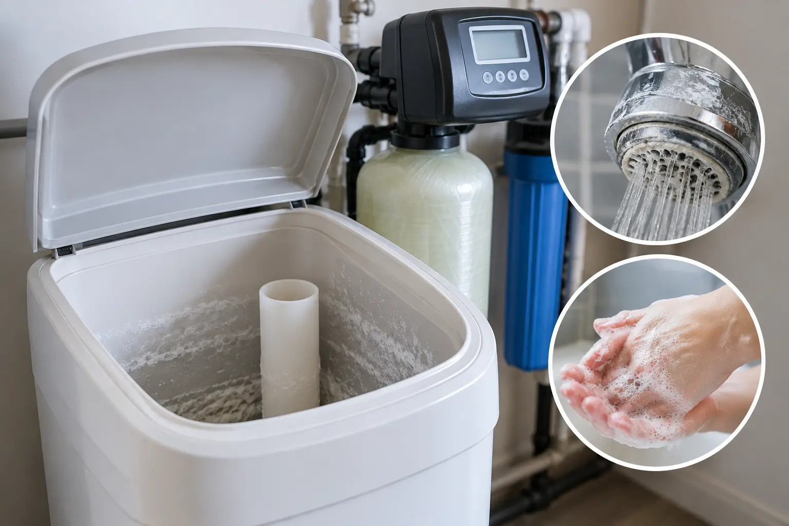 Water softener salt tank with salt pellets for home water softening