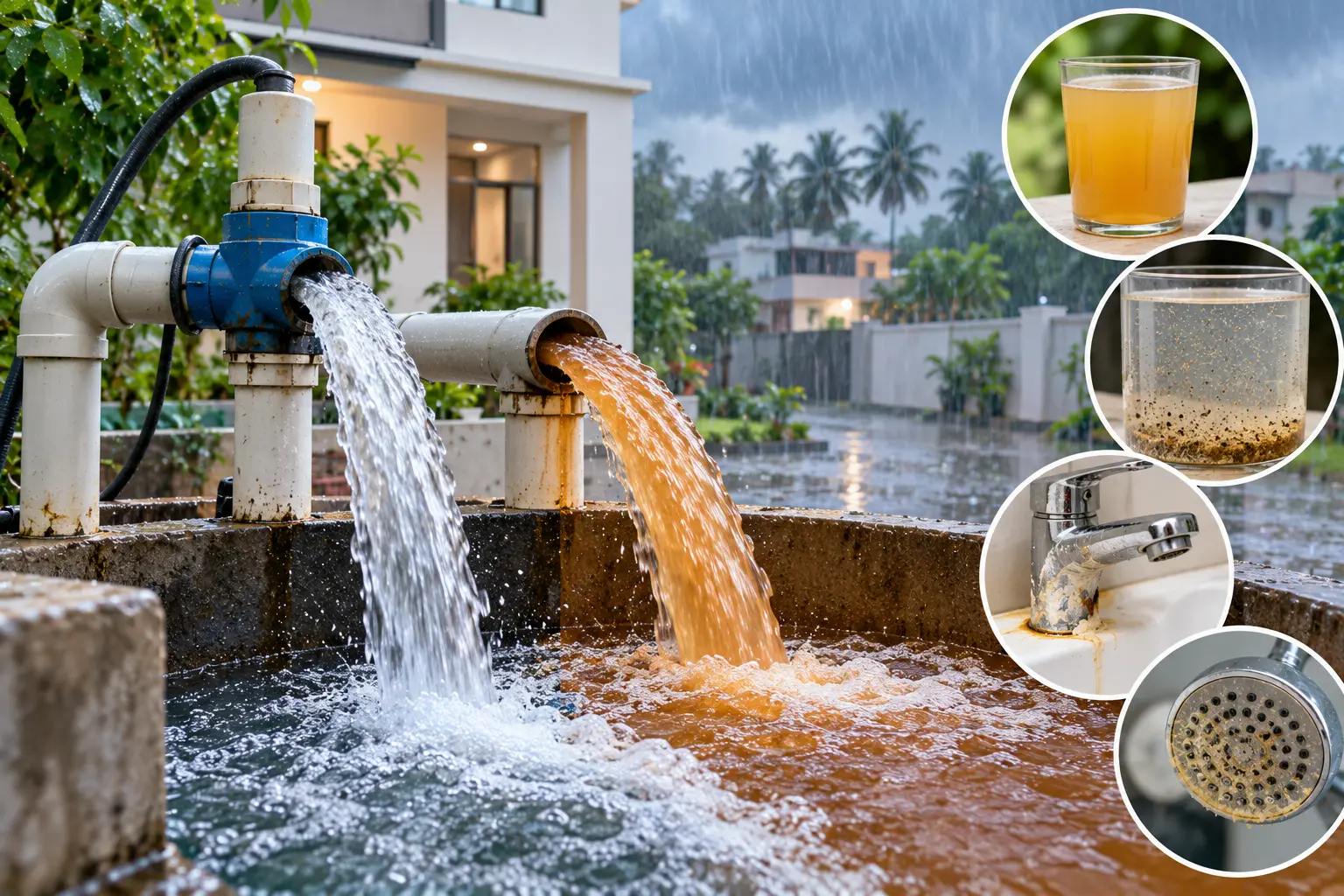 Borewell water quality after heavy rain in Chennai showing muddy water, sediment, and iron contamination.